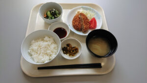 介護施設の食事トレー。白米、汁物、副菜が配置された標準的な食事風景。